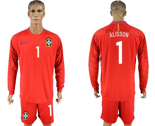 Brazil #1 Alisson Red Goalkeeper Long Sleeves Soccer Country Jersey - Click Image to Close